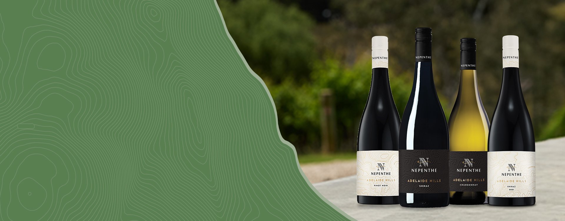 Nepenthe Wine Bottle shots on a Garden background with Green Hills illustration.