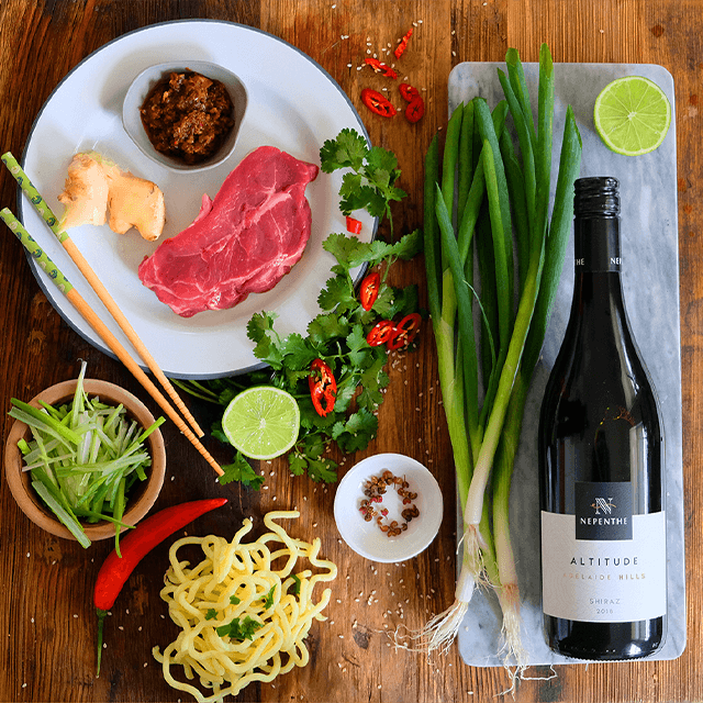 Nepenthe Altitude Shiraz with the ingredients for stir fry beef noodles