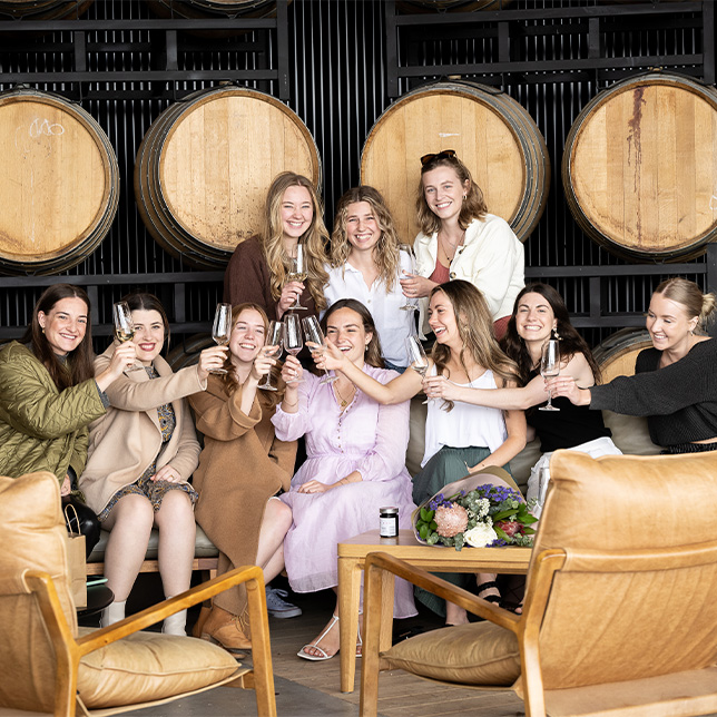 Group of girlfrineds raising glasses of sparkling and smiling in the Barrel room