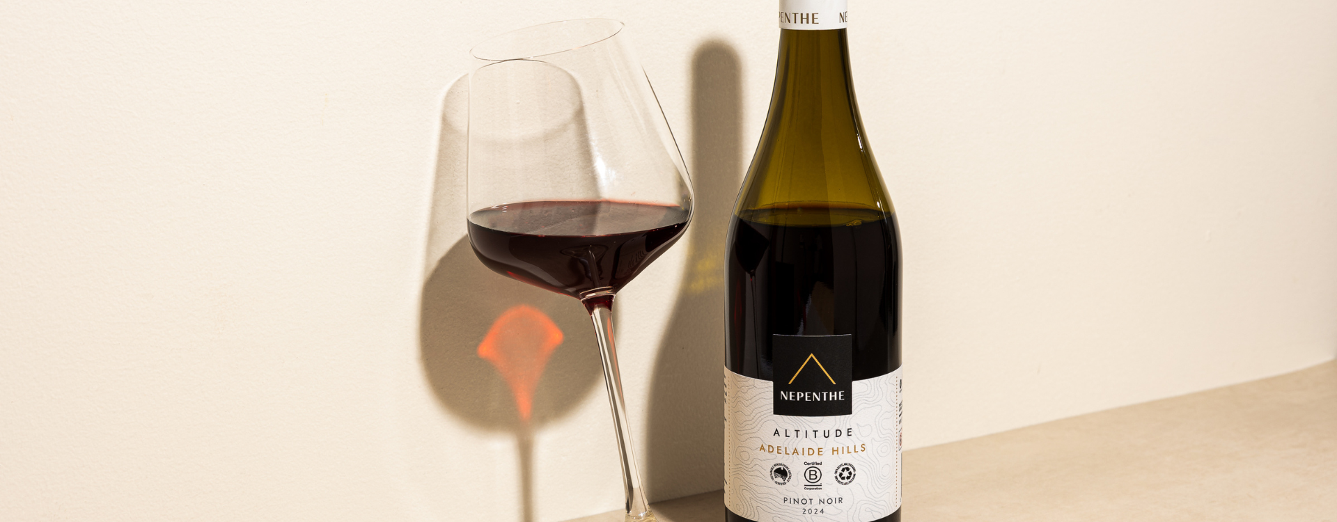 NEpenthe Altitude Pinot Noir 2024 Bottle leant on wall with glass full of wine with light reflecting from it